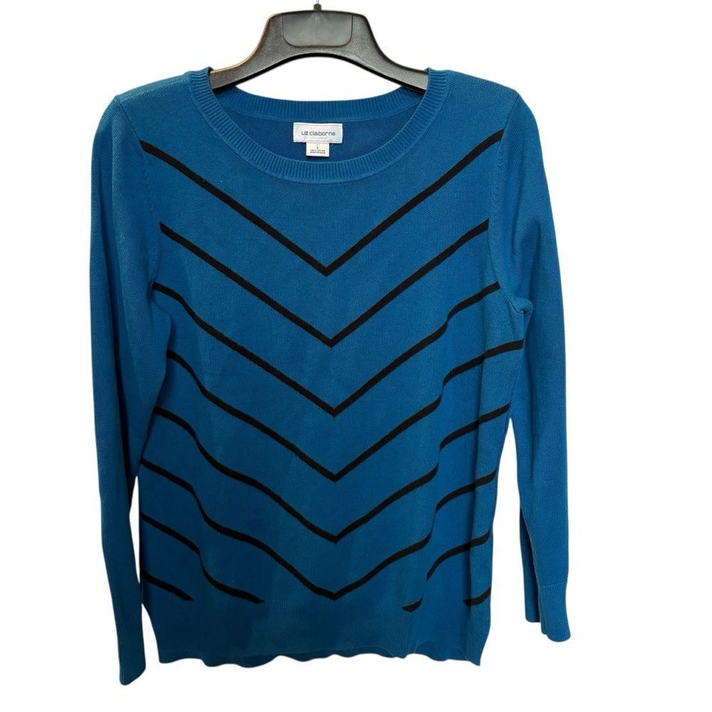 Liz Claiborne Women's Blue and Black Chevron Sweater Crew Neck Cotton Size Large